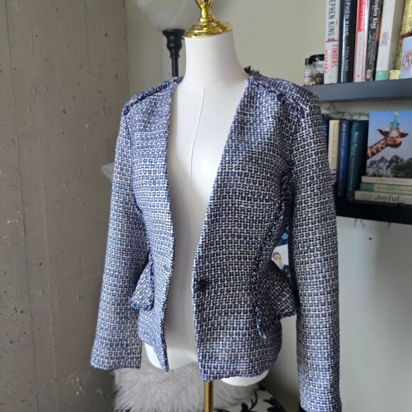 Banana Republic Blue & White Tweed Fringe Trim Single Button Blazer Jacket NWT - Picture 4 of 14